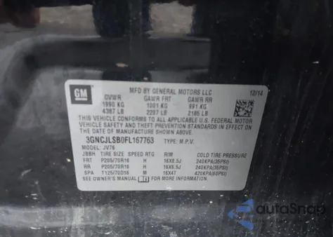 2015 Chevrolet Trax Lt from USA, damaged, VIN 3GNCJLSB0FL167763